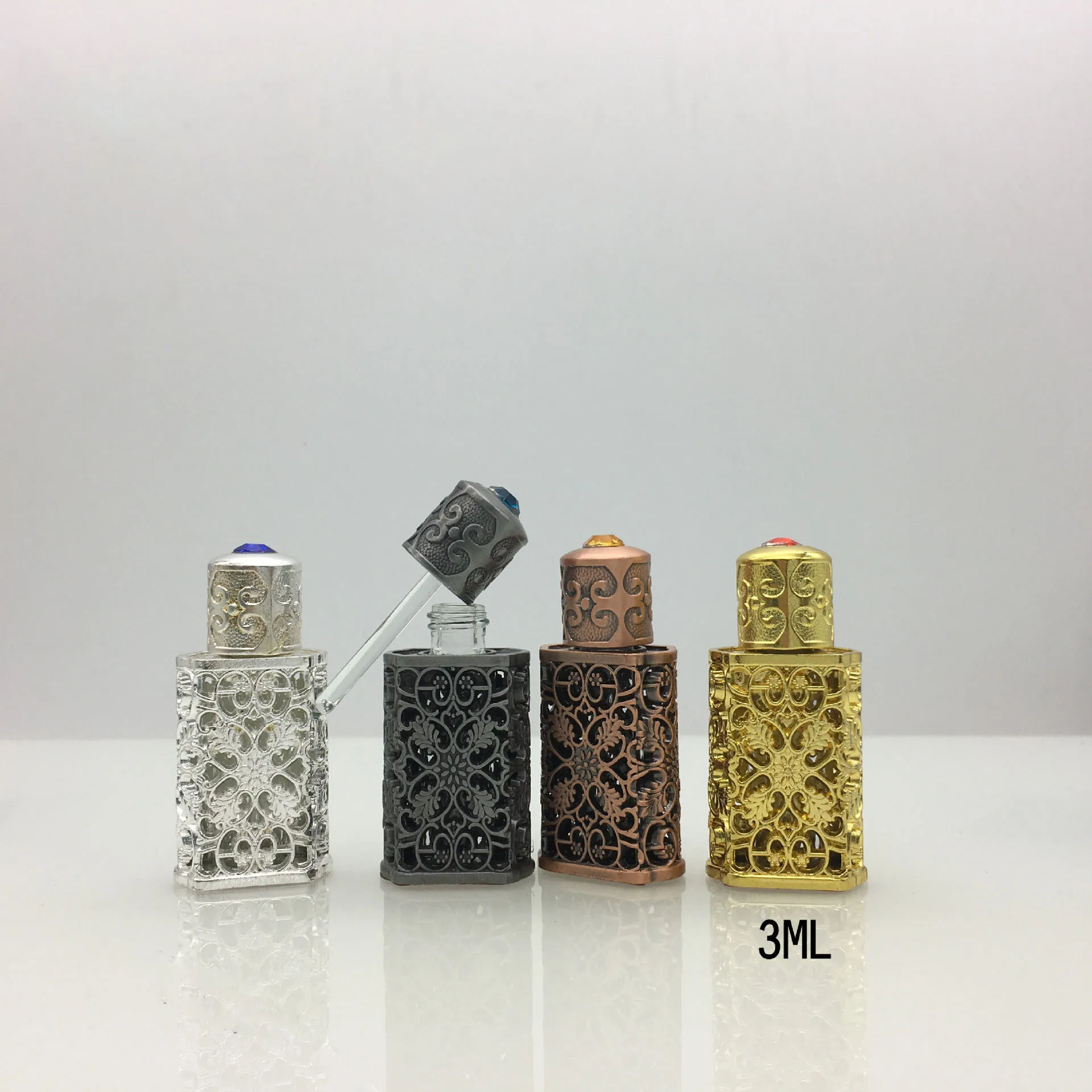 3ml Fancy Empty Arabic Style Metal Perfume Attar Glass Bottle With