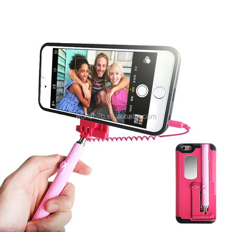 Fashion Handheld Wired Selfie Stick Phone Case With Mirror For Iphone 7 8 Stand Selfie Case For
