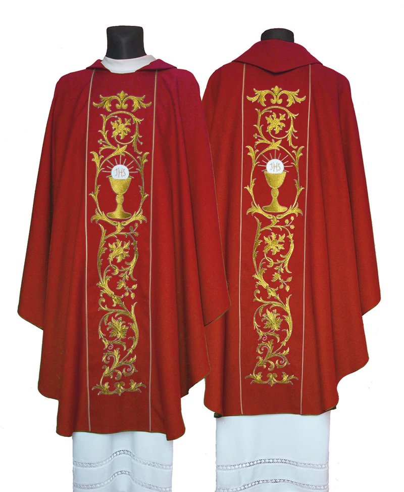 Red Priest Chasuble Embroidered Catholic Church Roll Collar Vestments