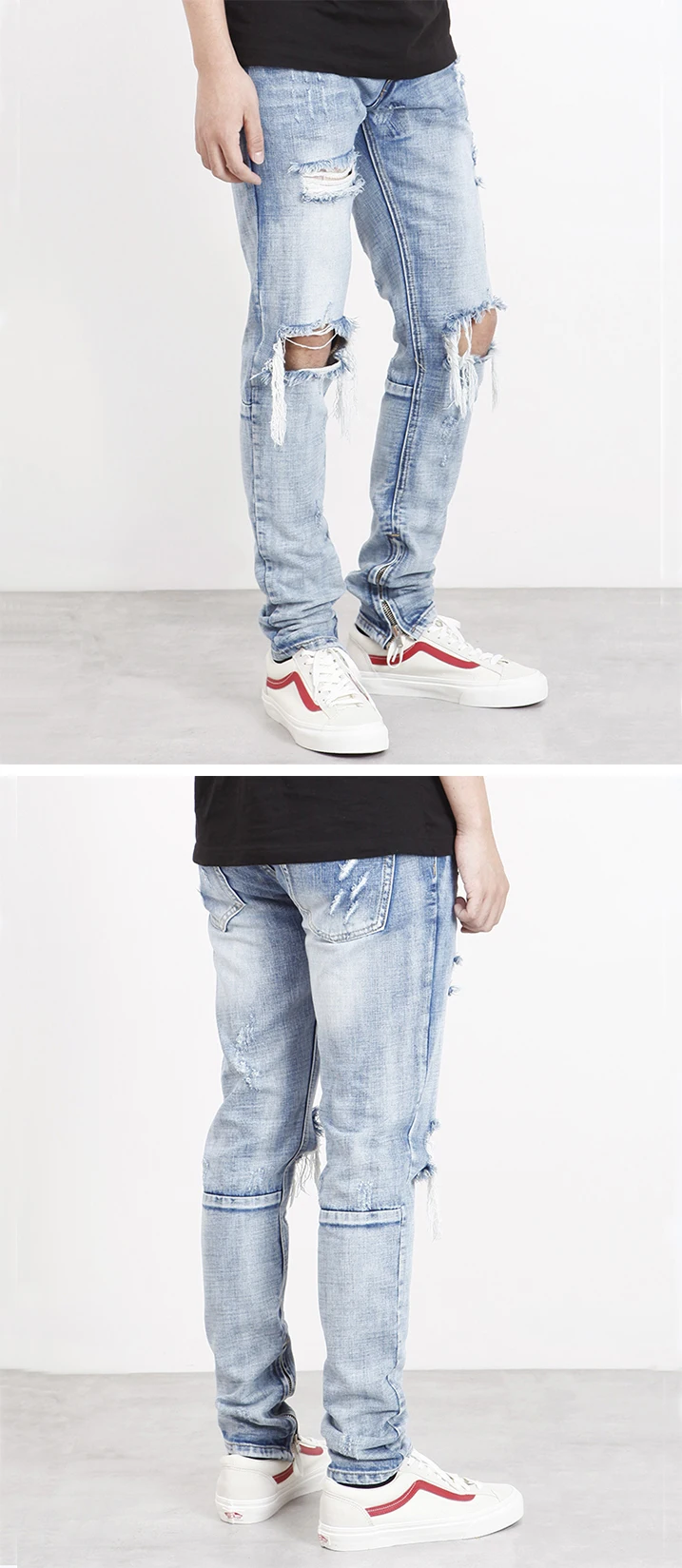 Custom Fitted Tapered Denim Damaged Jeans For Men Bulk Wholesale Zip