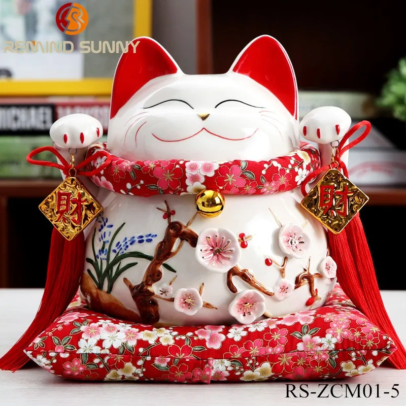 Große Keramik 25cm hoch chinesisch Feng Shui Lucky Cat Geld Bank mit Kissen 