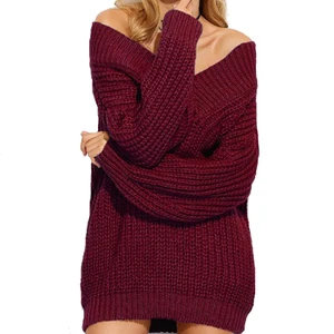 Factory Made Plunging Chunky Knitted Drop Shoulder Oversized Long Women Pullover Sweater Factory Made Plunging Chunky Knitted Drop Shoulder Oversized Long Women Pullover Sweater