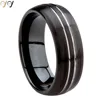 Classic domed black wedding band highlighted with two parallel polished grooves tungsten carbide ring
