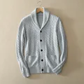 Men s turn down collar thick cardigan sweater with long sleeves solid color 100 cashmere knitted
