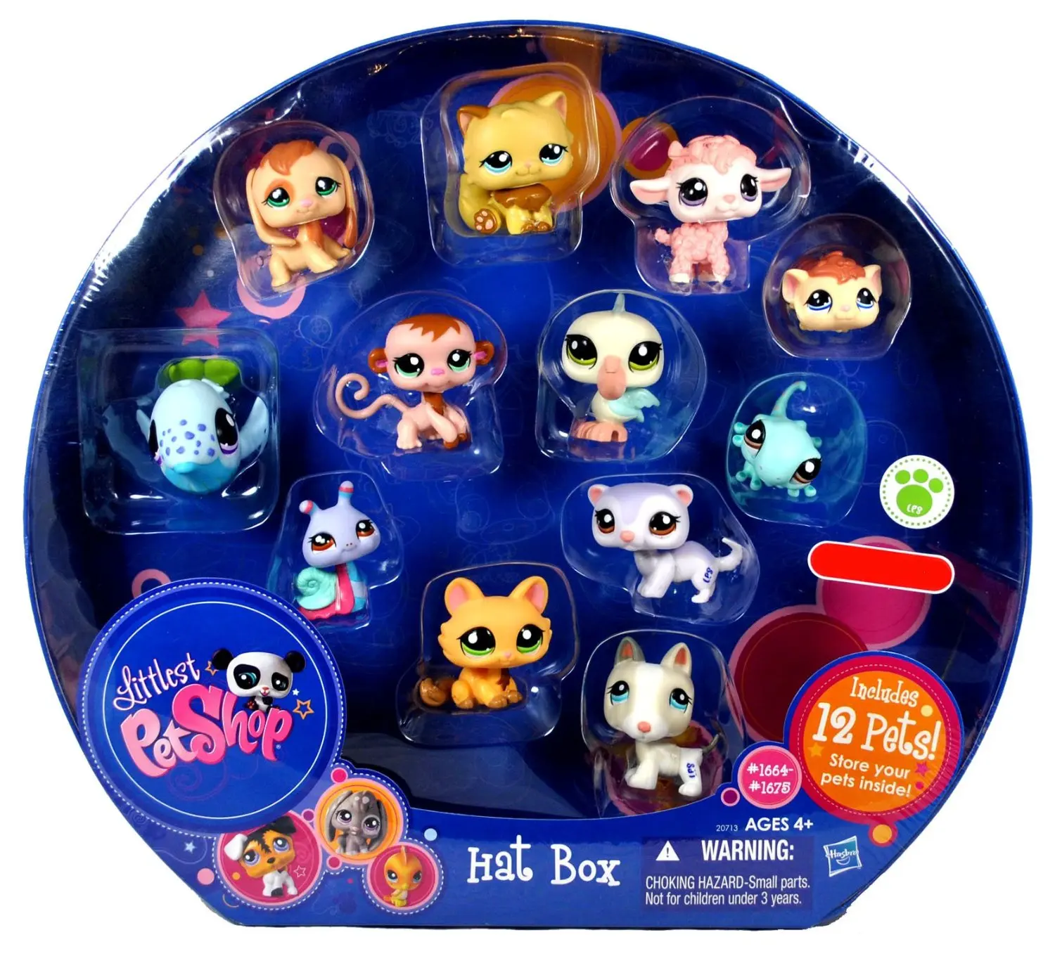 Littlest Pet Shop Exclusive Collectible 12 Pack Bobble Head Pets Figure Set - Hat Box with Brown Beagle Puppy (#1664), White Bull Terrier Puppy (#1665), White Lilac Ferret (#1666), Green Gecko (#1667), Brown Guinea Pig (#1668), Orange Kitty Cat (#1669), Pink Baby Lamb (#1670), Brown Baby Monkey