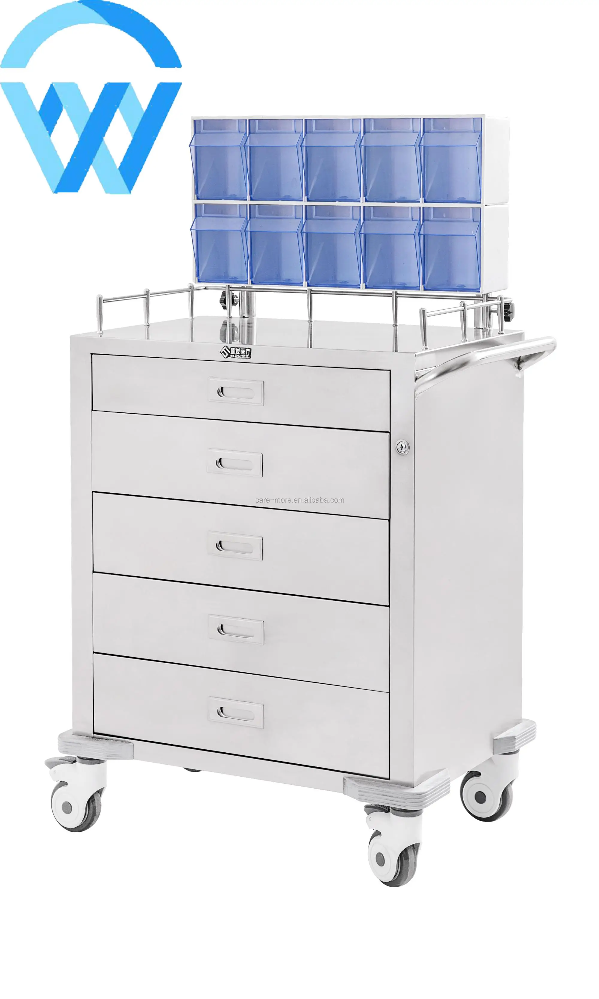 2018 Hot Selling Hospital Use Stainless Steel Medical Cart Nuring Anesthesia Trolley with Five Drawers