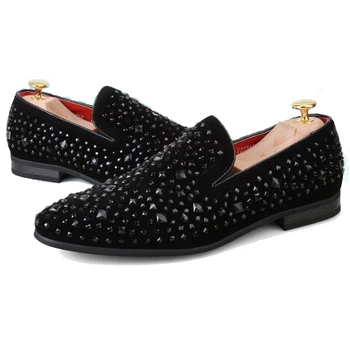 High Quality Men Loafers Black Diamond Rhinestones Spiked Loafers ...