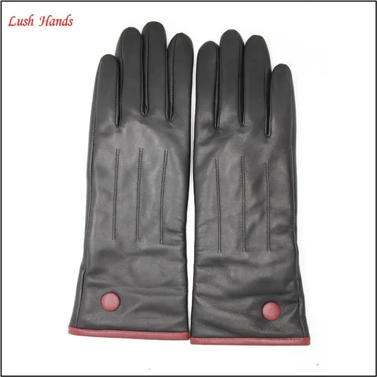 2017 women fashion long sheepskin leather gloves long touch sreen leather glovers with red button