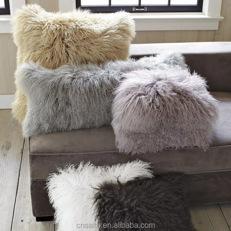 St Mlp16x16 New Made Rosette Curly Mongolian Sheepskin Pillows