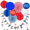 USA 4th of July Patriotic Decorations - 25 pcs Blue Red and White Paper Fans, Lanterns, Pompoms, Triangle Garland, Star Garland