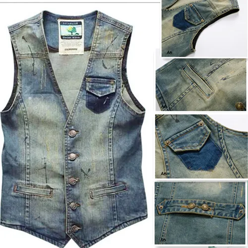 2015 Vintage para hombre clásico chaleco de mezclilla azul