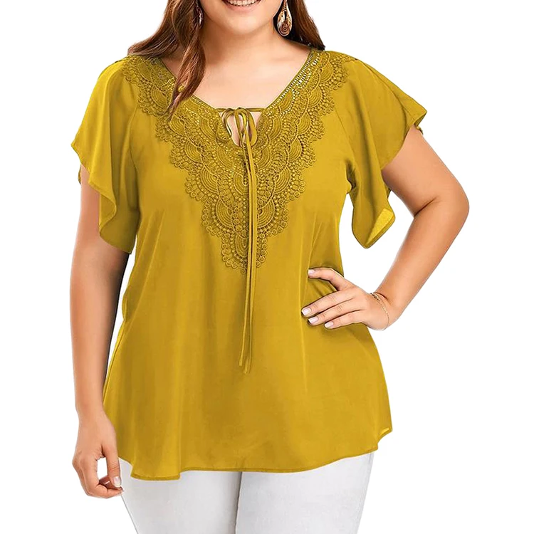 Hot Sell Summer Plus Size Horn Sleeve Lace Splice Loose Woman Blouse ...