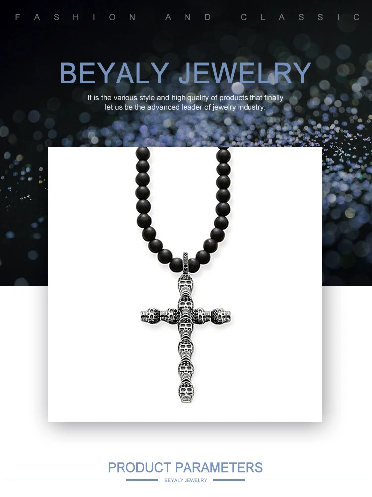 Black beads decor with skull crucifix men pendant