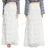 Latest Romantic SKirts Womens Fashion Trendy Cream Lace Maxi Ruffle Floral Skirt Full Length White