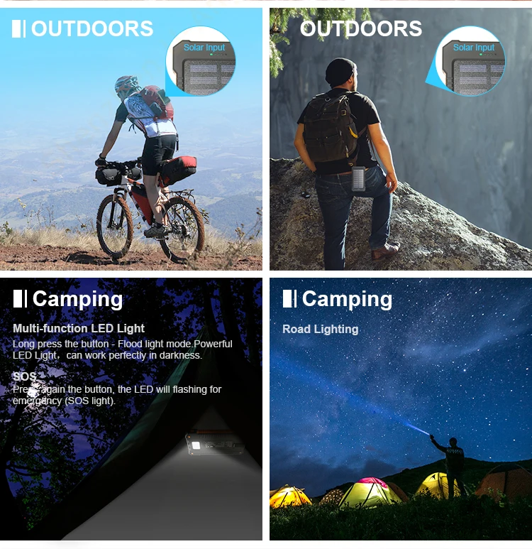 solar power bank 8000mAh extreme mobile phone battery charger pack dual USB LED lights with climbing hook - ANKUX.COM