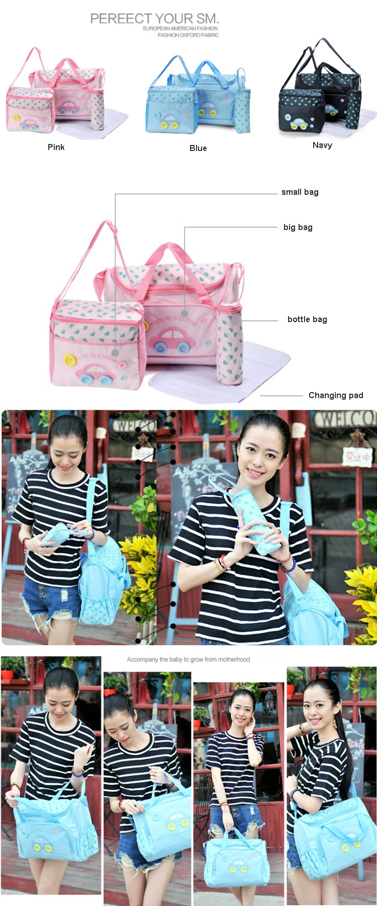 Osgoodway2 China Wholesale 600D Polyester 4pcs/set Mummy Bag Baby Diaper Bag Handbag Set