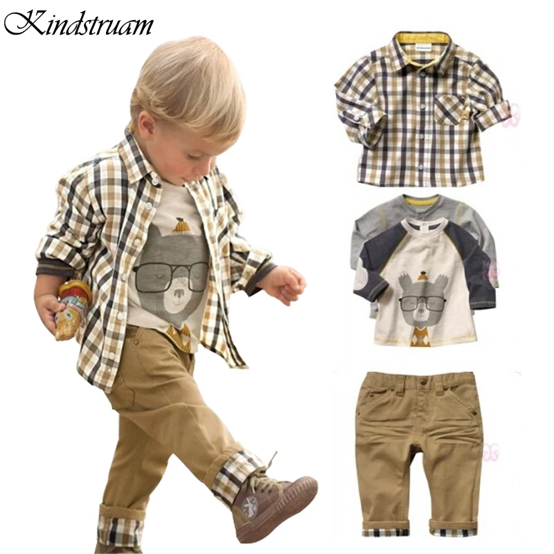 2016 New Spring Kids 3pcs Clothing Sets for Boys European Style Plaid Character Suits T shirt