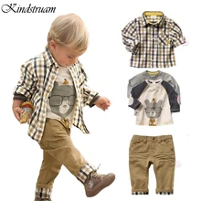 2015 New Spring Kids 3pcs Clothing Sets for Boys European Style Plaid Character Suits T shirt+Shirt+Retro Jeans Casual Set,YC020