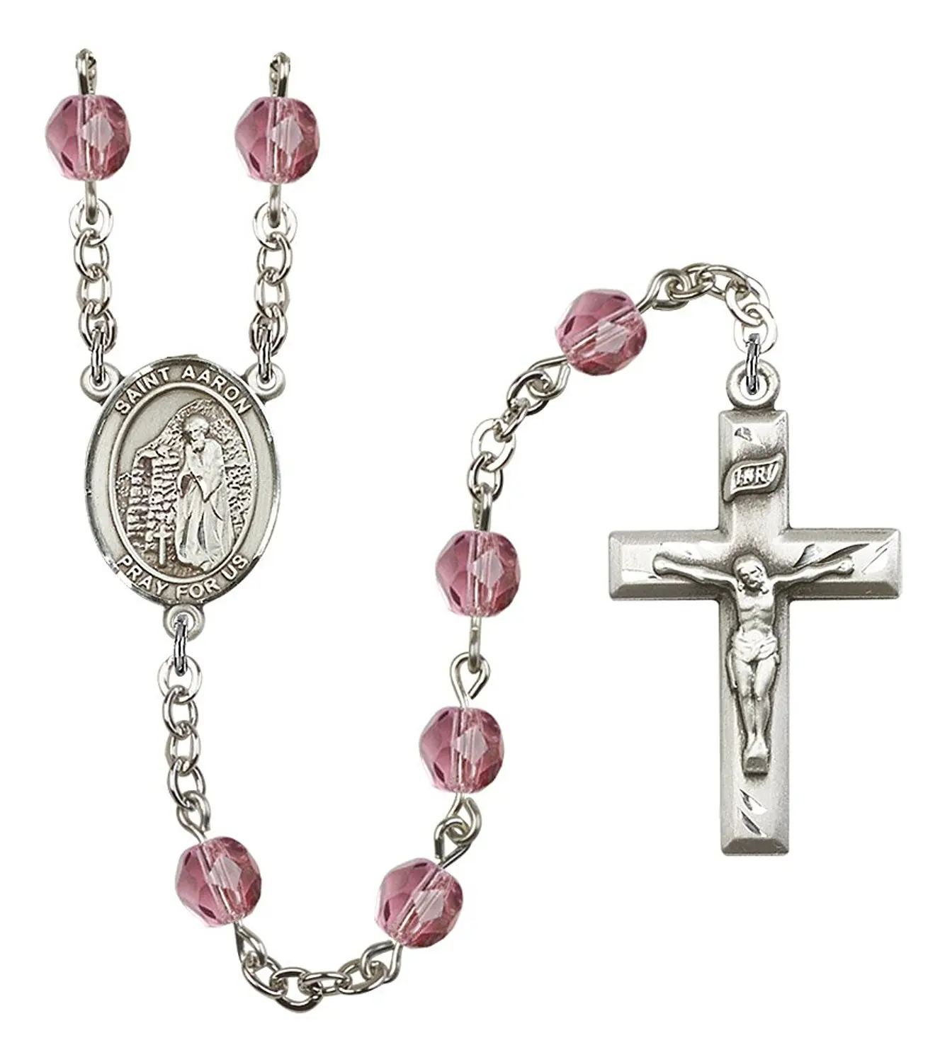 Silver Finish St. Aaron Rosary with 6mm Amethyst Color Fire Polished Beads, St. Aaron Center, and 1 3/8 x 3/4 inch Crucifix, Gift Boxed