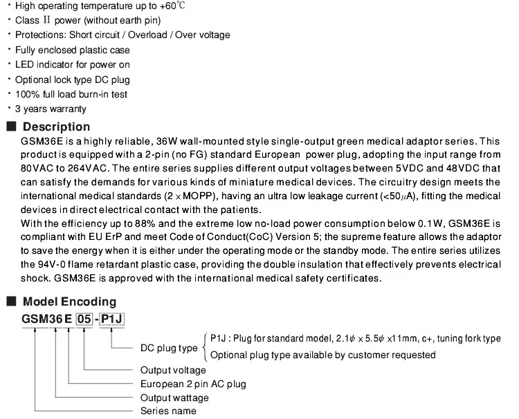 Mean Well GSM12E24-P1J Bloc D'alimentation à Tension Fixe 24 V/DC 0.5 A