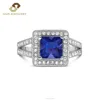 Vintage Women's 925 Sterling Silver Square Princess Cut Blue Sapphire & Laying Round Zircon Ring