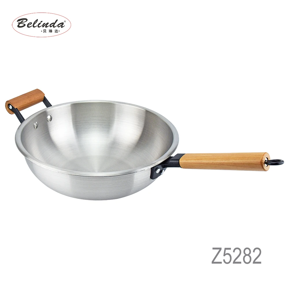 Kitchenware 32cm 34cm Metal Stainless Steel 304 Wok Fry Pan with Wooden Handle Z5282-5