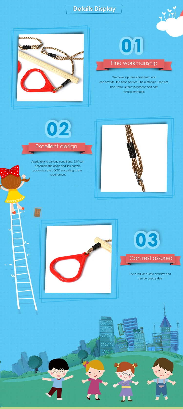 High Quality Stable Trapeze Bar Swing Adjustable Wooden Ring Swing