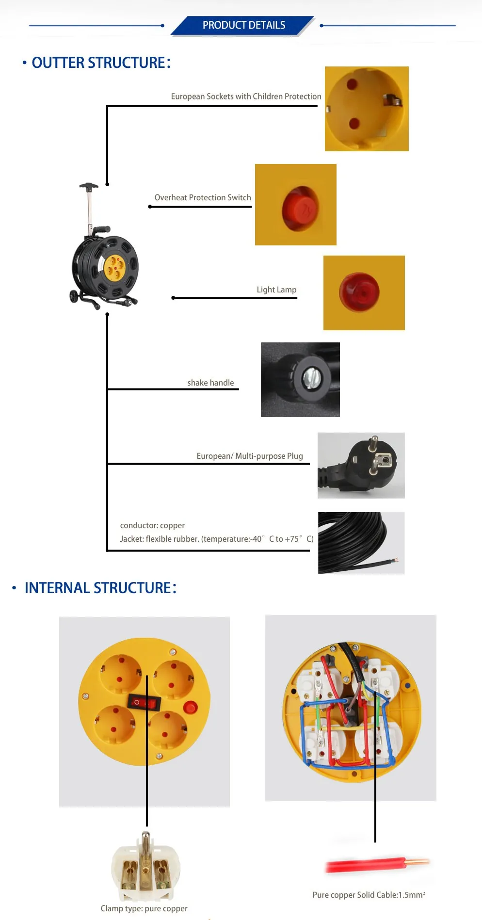 European Type Homeuse Extension Leakage Protector Cable Reel 2 Pin