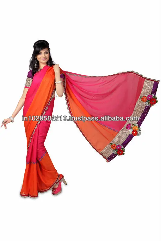 Pink Orange Combination Fl Patchwork And Block Print Fancy Saree Pink Orange Combination Fl Patchwork And Block Print Fancy Saree Whole