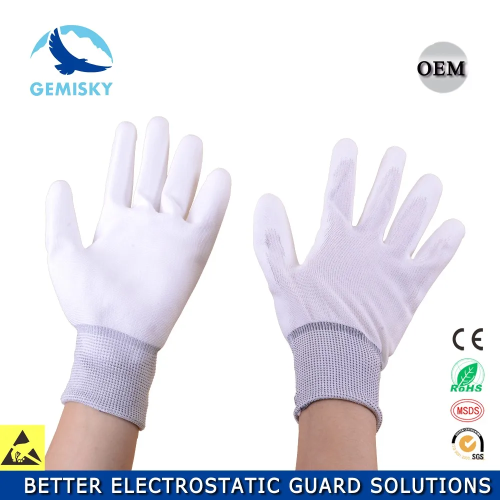 Dust Free White Pu Grey Stripe Palm Coating Gloves Esd Top Fit Gloves