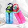 School kids drinking custom logo water bottle with straw