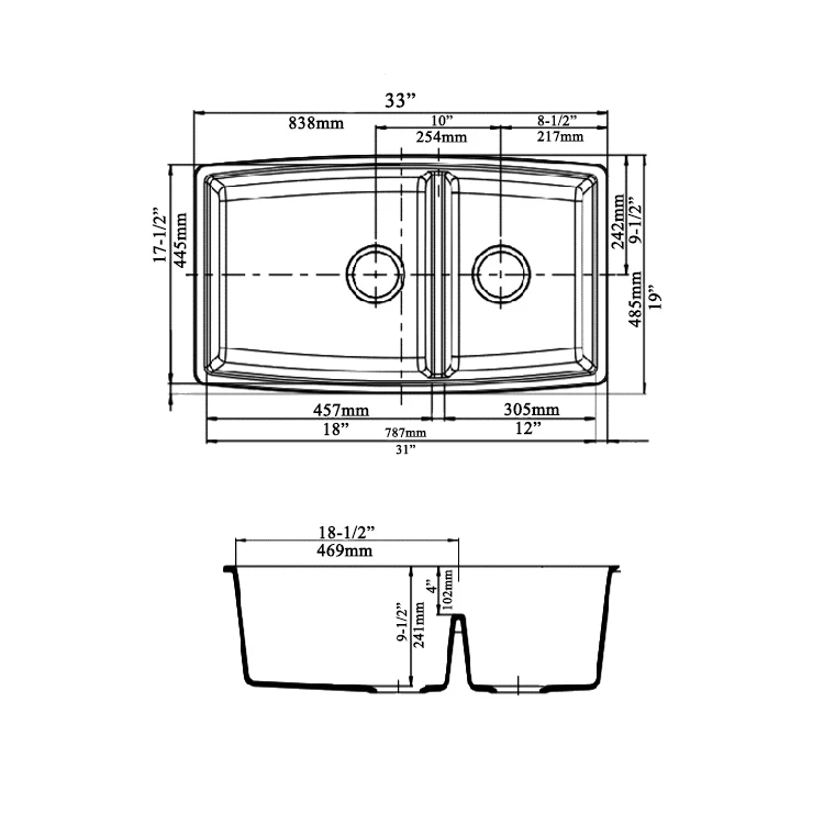 Drop-In Large Small 60/40 Quartz Reversible Double Bowl Kitchen Sink