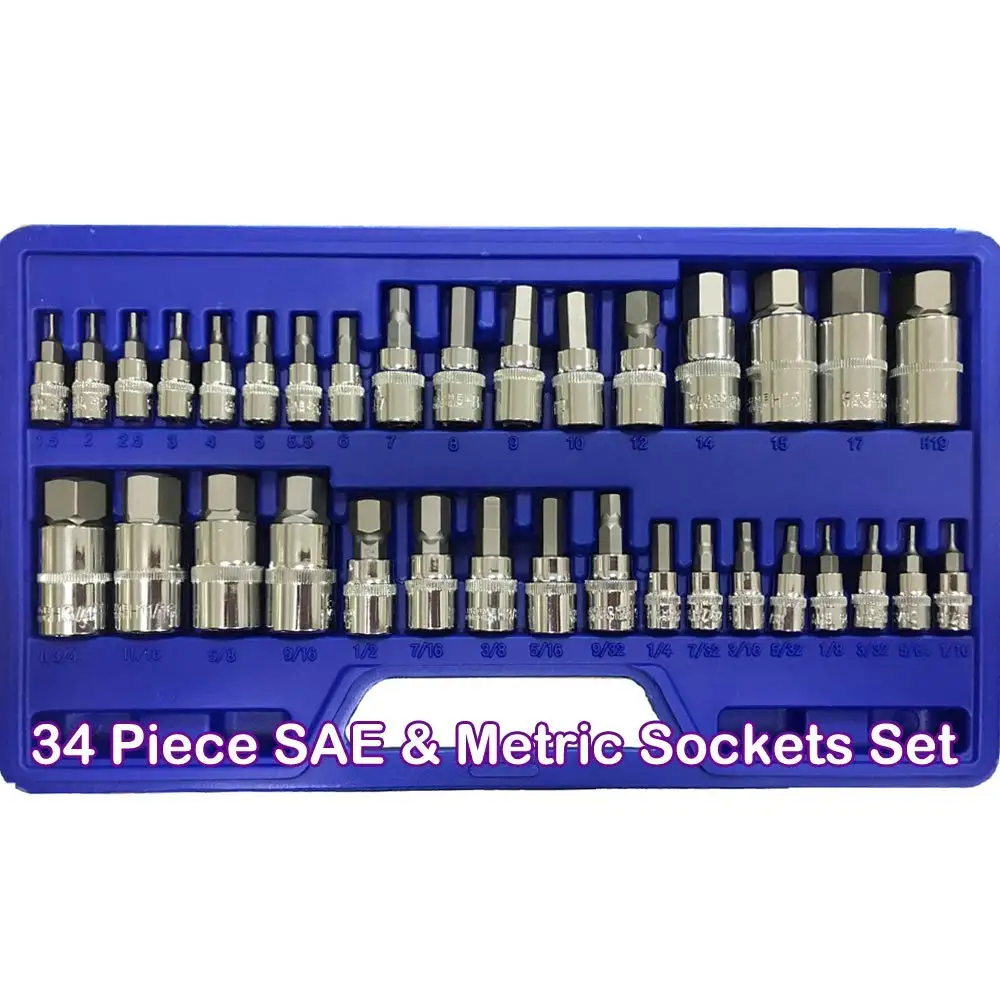 34-Piece Allen Key Set Hex Bit Standard SAE & Metric Socket Set 1/4" 3/8" 1/2" Drive