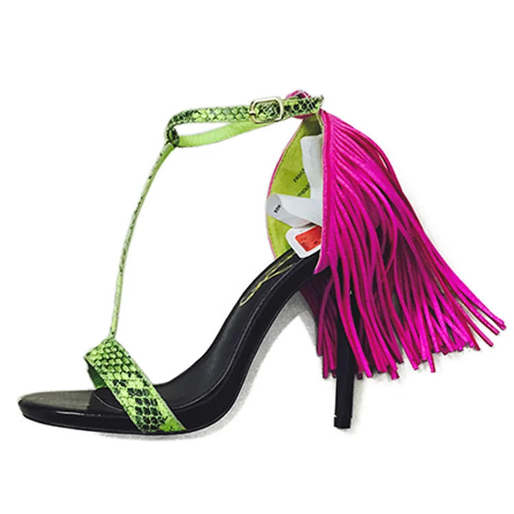 green fringe heels