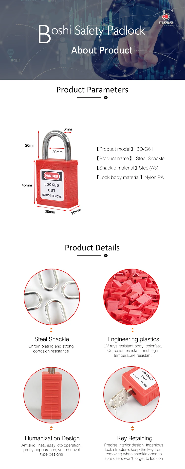 BOSHI 20mm Steel Shackle Safety Combination Padlock With Master Key