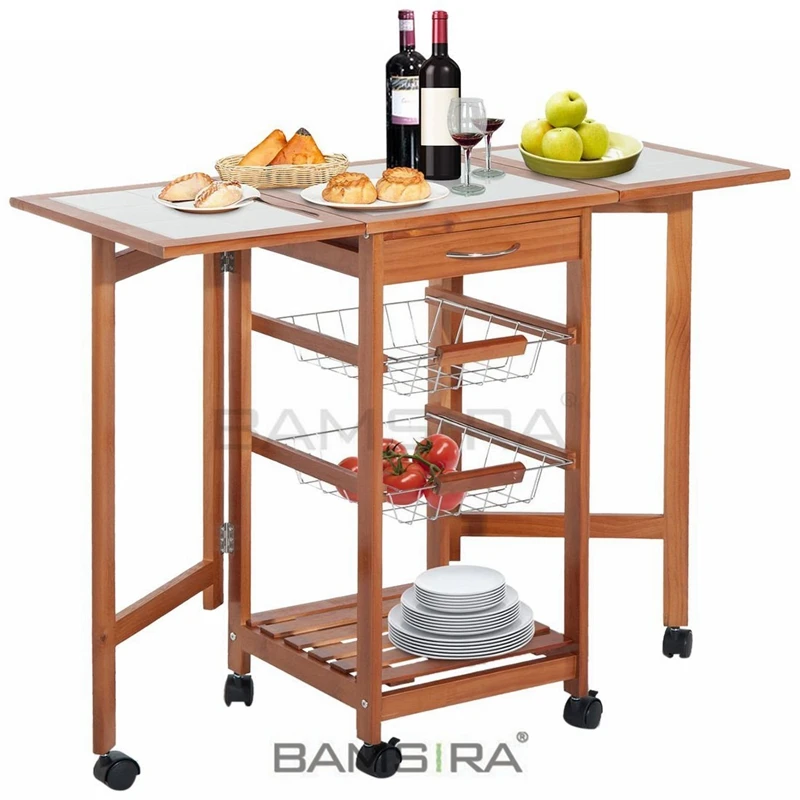
Bamboo wood Kitchen Island on Wheels Portable Folding Food Trolley Cart with Drawer Baskets Rolling Dining Table 