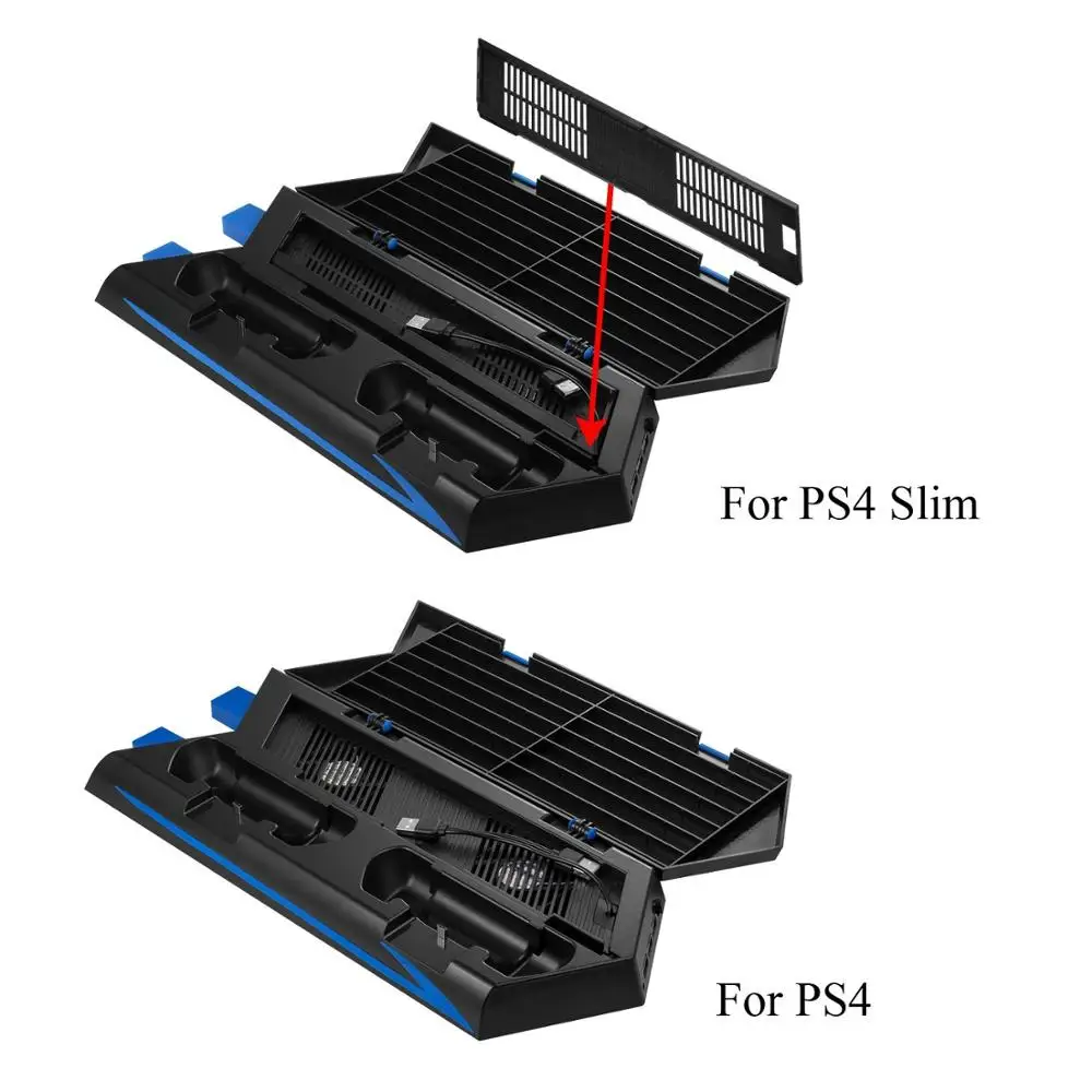 Beautyrain Soporte Vertical con Ventilador de refrigeración para PS4 Slim Controllers Estación de Carga con Puertos de Carga Dual y 3 Puertos USB HUB
