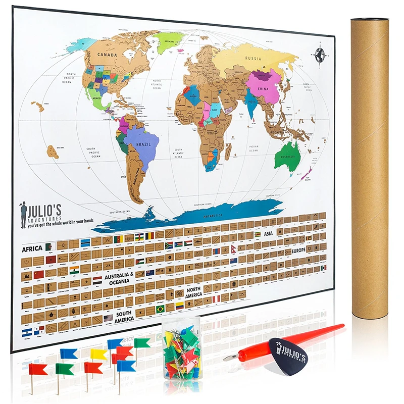 Scratch Off World Map Poster Includes Complete Accessories Set