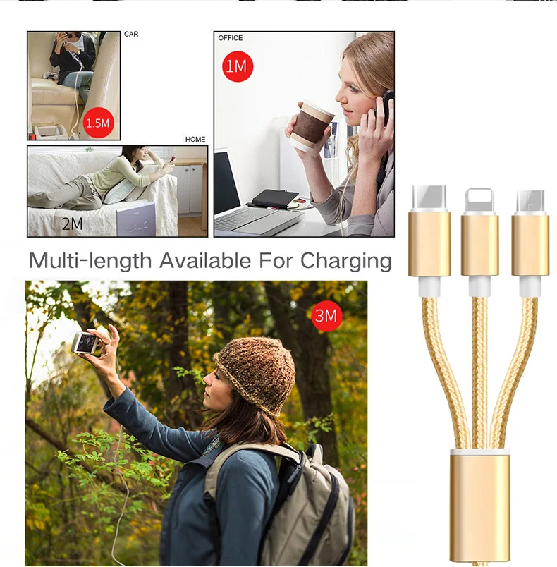 3 IN 1 Gold Colour Nylon Braided USB Charging Cable for Phones from XYZ-link - ANKUX.COM