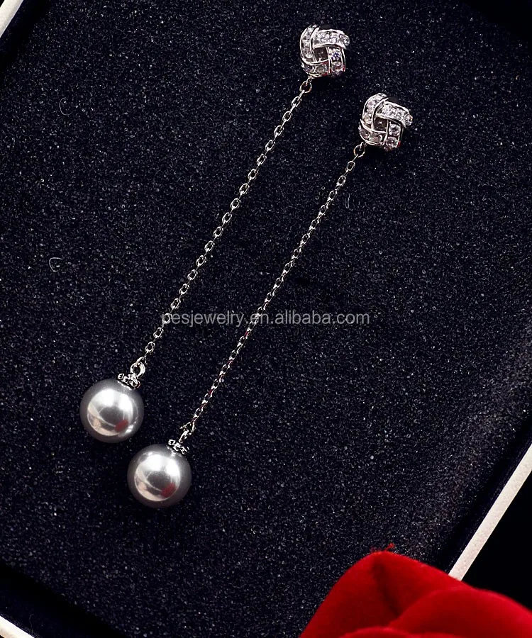 Gris Perla Bead Plata pico largo colgantes pendientes