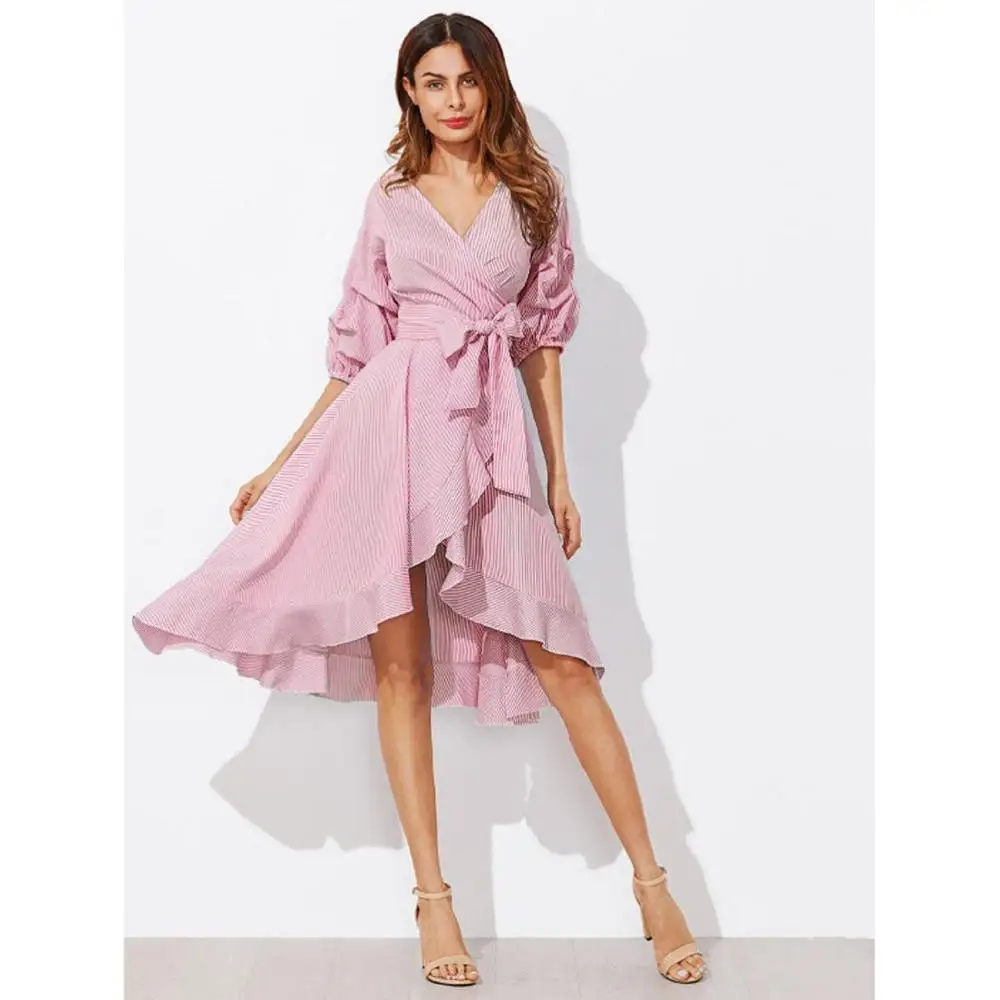 New Women Half Sleeve A Line Ruffle Hem Dress Blue V Neck Dress Gathered Sleeve Surplice Wrap Pinstripe Women Dress