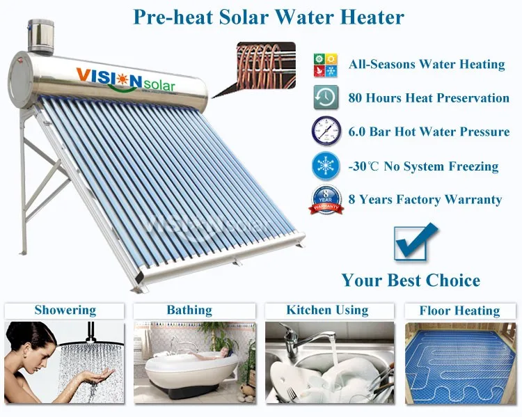 Pressurized Preheat Copper Coil Solar Water Heater With Heat Pipe