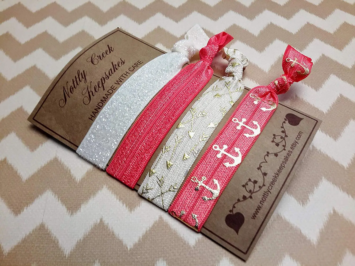 Coral & Cream Hair Tie Bracelet Set / Glitter Elastic Hair Bands / Anchor No Crease Hair Ties/ Hair Band Bracelet