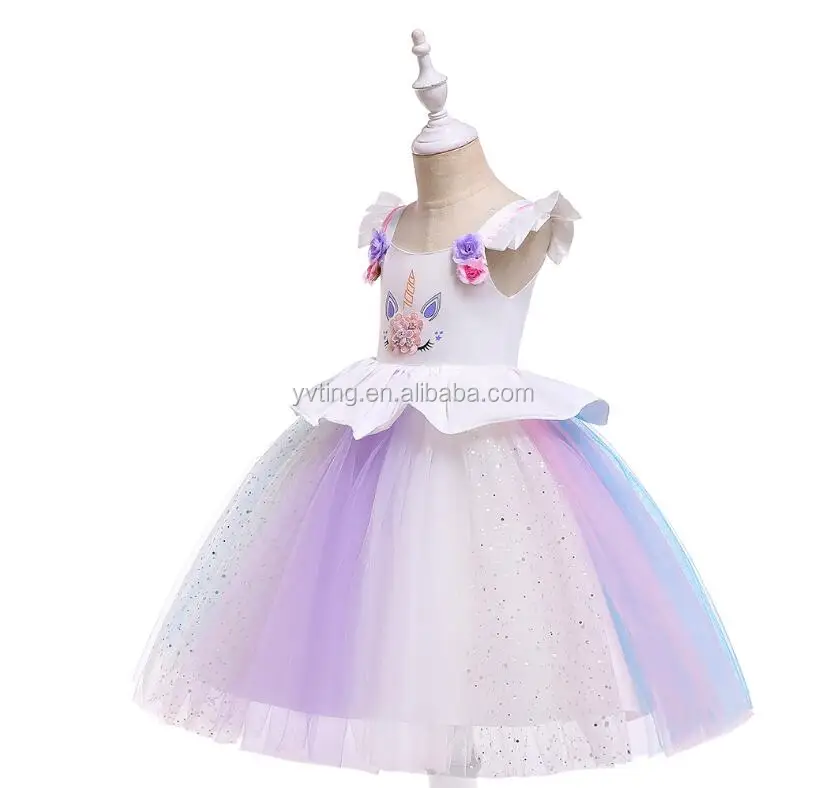Baby Girl Unicorn Flower Princess Dress Birthday Party Princess Dress Stitching Colorful Net Yarn Princess Dress