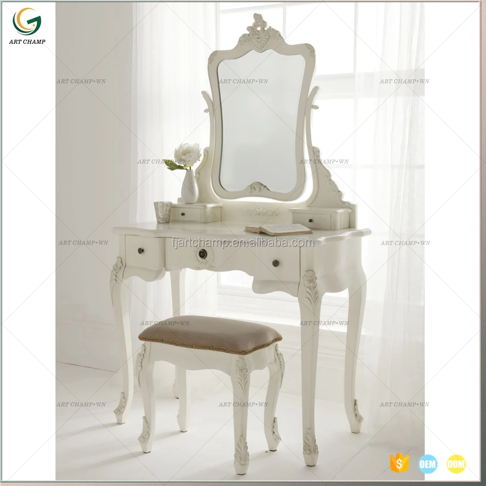 White Carved Wooden Girl Dressing Table With Full Length Mirror