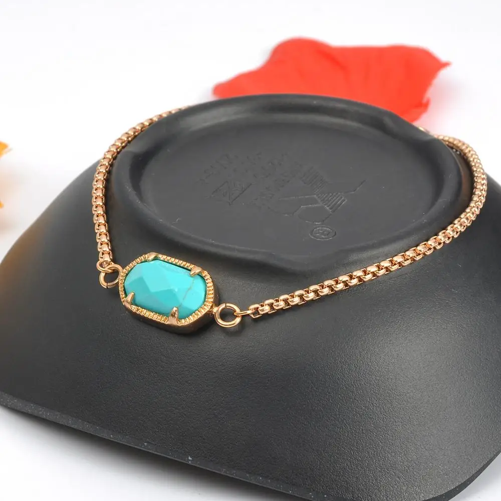 Fashion Jewelry Women Turquoise Stone Charm Gold Chain Adjustable Bracelet