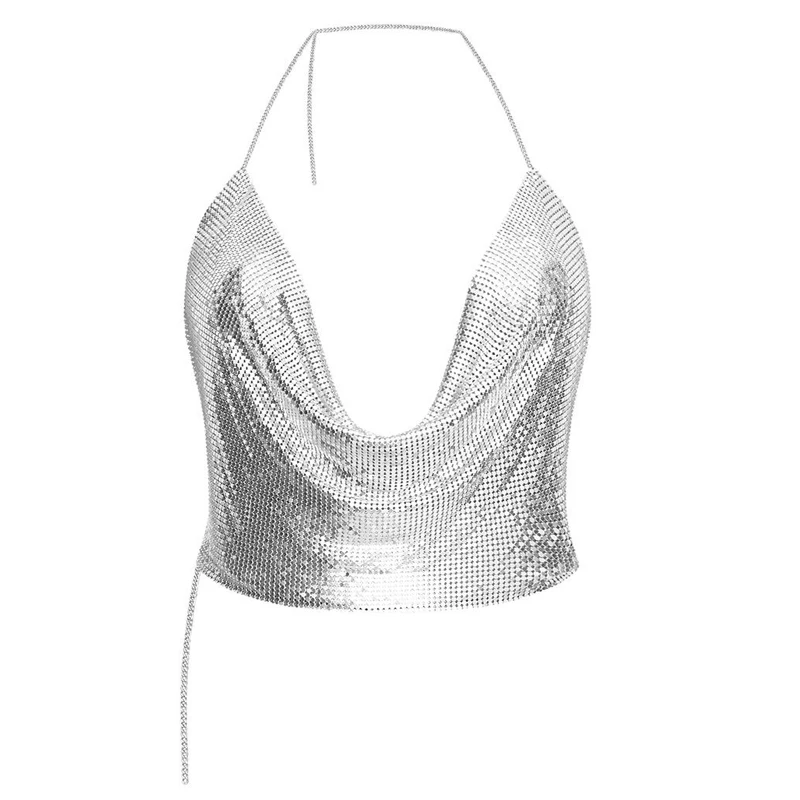 Sexy Silver Cowl Neck Backless Metallic Metal Mesh Chainmail Top For ...