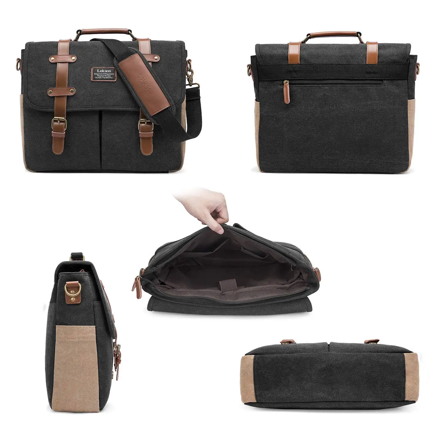 Lokass 15.6 Inch Laptop Shoulder Bag Canvas Genuine Leather Business