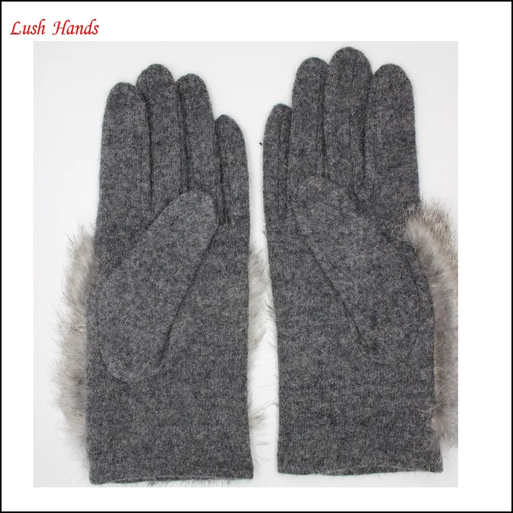 Hot selling ladies woolen gloves with real rabbit fur cuff