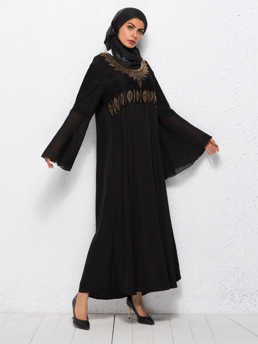 A3464 Iraq Islamic Bell Sleeve Abaya Black Diamond Luxury Batik Kaftan ...